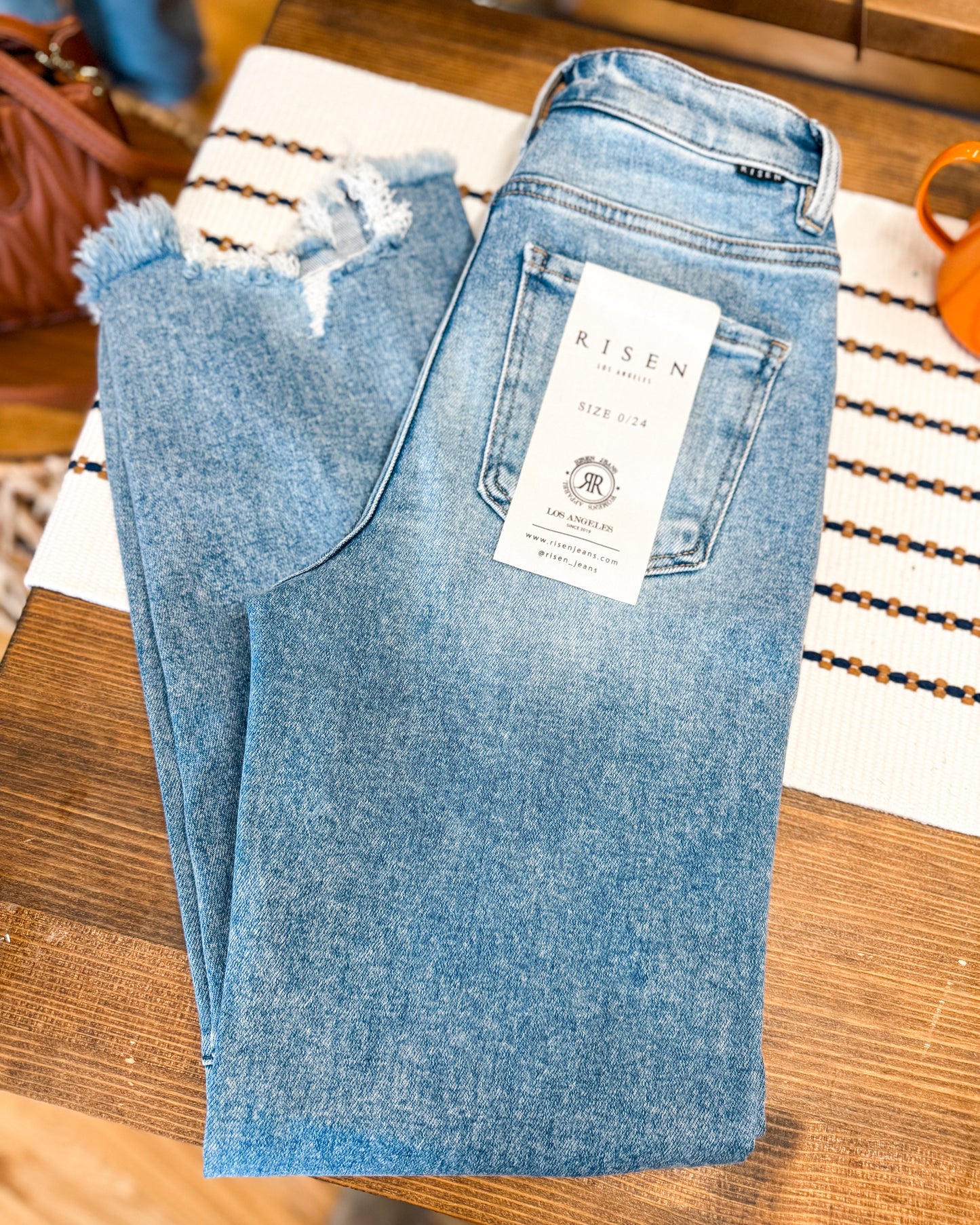 RISEN High Rise Crop Straight Distressed Hem Jeans