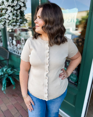 a short sleeve button down cardigan sweater with scalloped detail