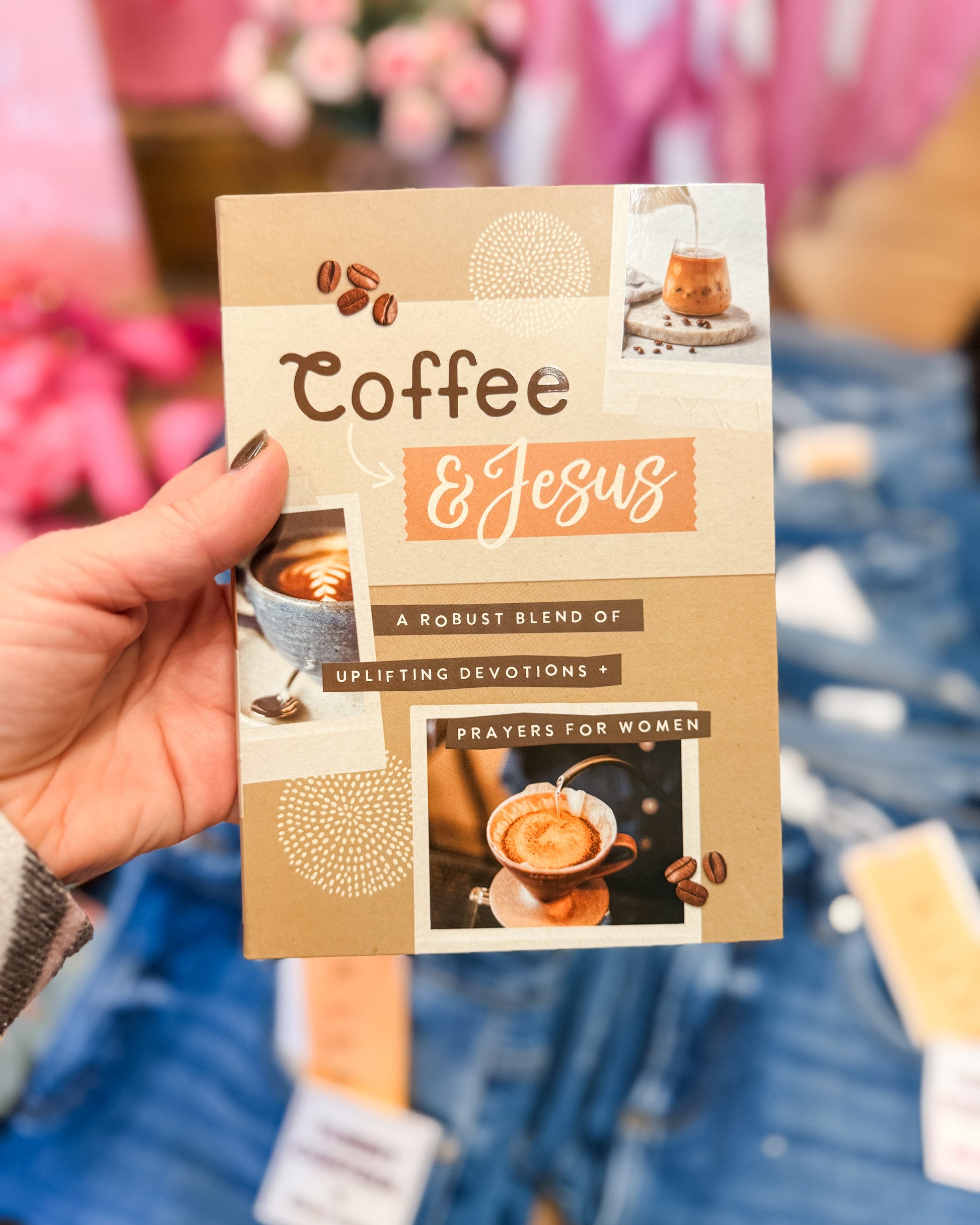 Book titled 'Coffee & Jesus' held by a person with a blurred background