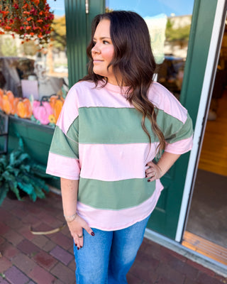 Color Outside the Lines Colorblock Raw Hem Top pink with green stripes