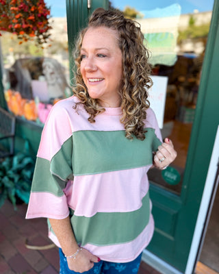 Color Outside the Lines Colorblock Raw Hem Top pink with green stripes