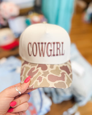 Cowgirl Embroidered Camo Snapback Hat