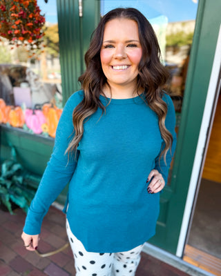 Cozy Little Basic Waffle Long Sleeve Top in teal