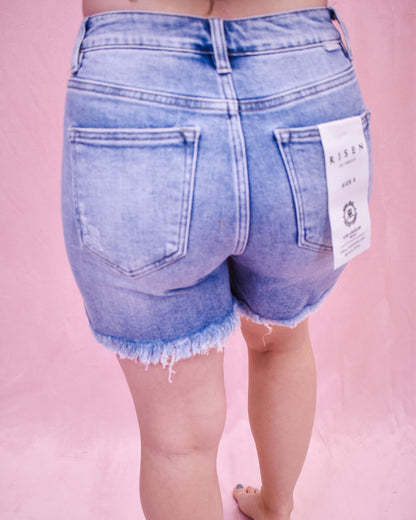 RISEN Distressed Mid Thigh Denim Shorts