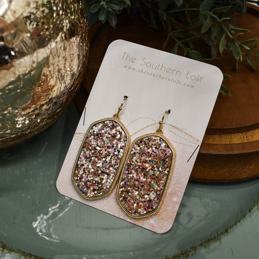 Long Glitter Hexagon Drop Earrings