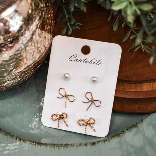 Metal Bows & Pearl Stud Earring Set