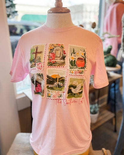 light pink graphic tshirt with stamps projecting the easter story