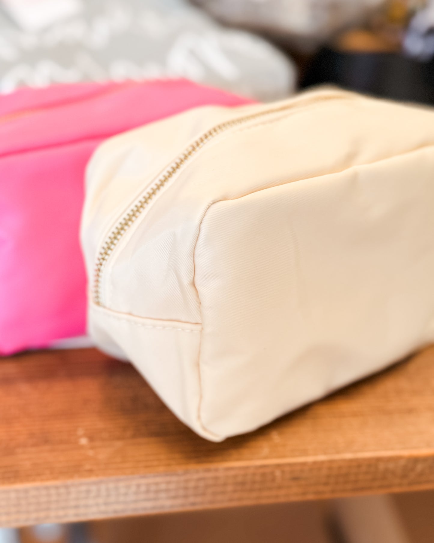 Nylon zipper pouch in cream and pink 