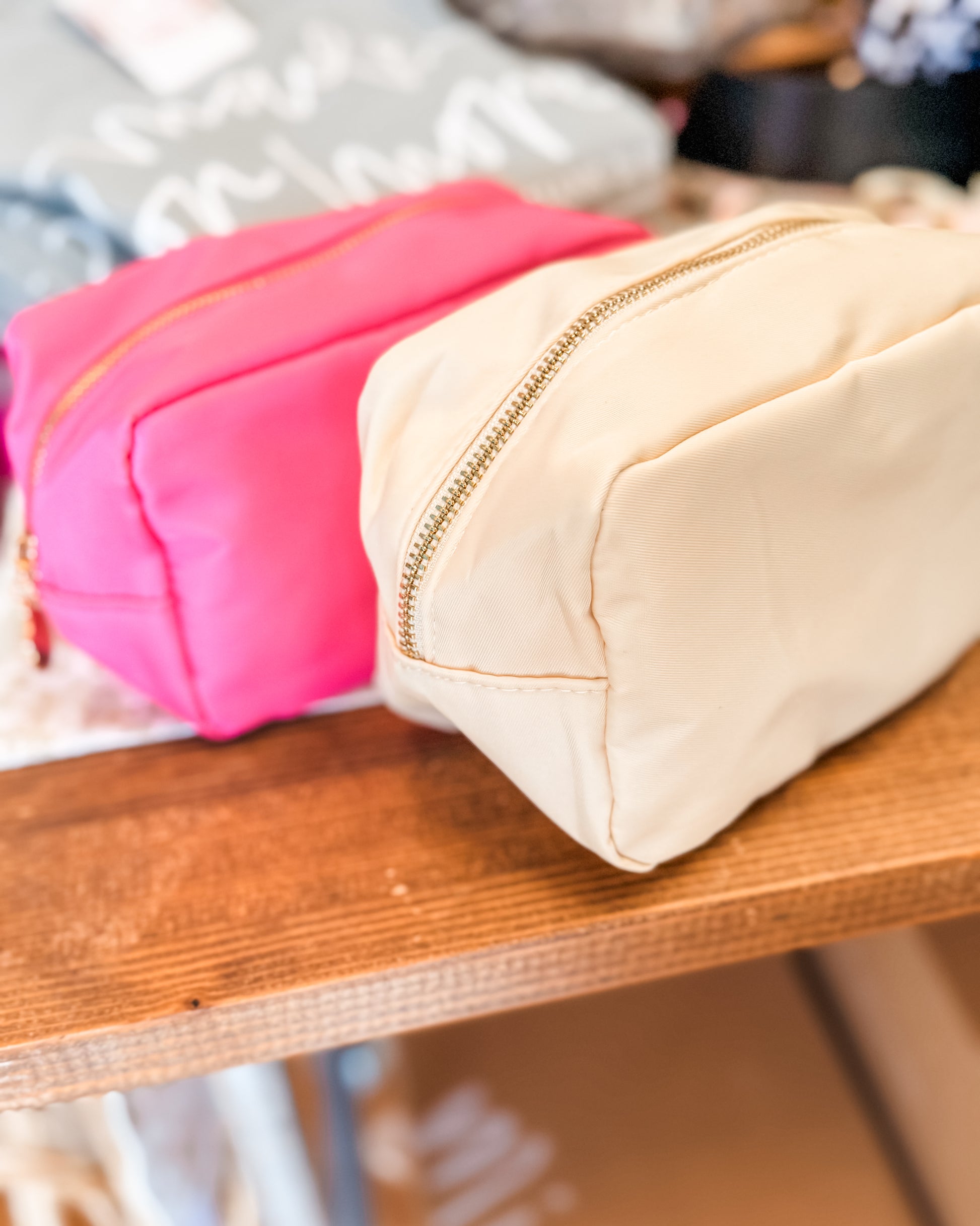 Nylon zipper pouch in cream and pink