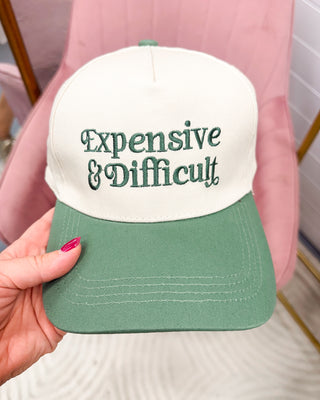 Expensive & Difficult Embroidered Trucker Hat in olive green two tone