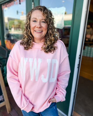 a pullover mock neck reversible sweatshirt with the words WWJD and Amen