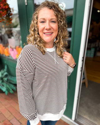 Favorite Kind of Casual Striped Pullover in chocolate brown