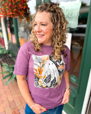 Ghostly Fall Floral Graphic Tee a fall floral graphic tee with cute ghost. Short sleeve in a heathered blackberry color.