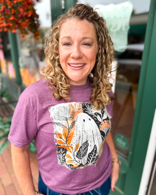 Ghostly Fall Floral Graphic Tee short sleeve graphic tee with fall floral and cute ghost