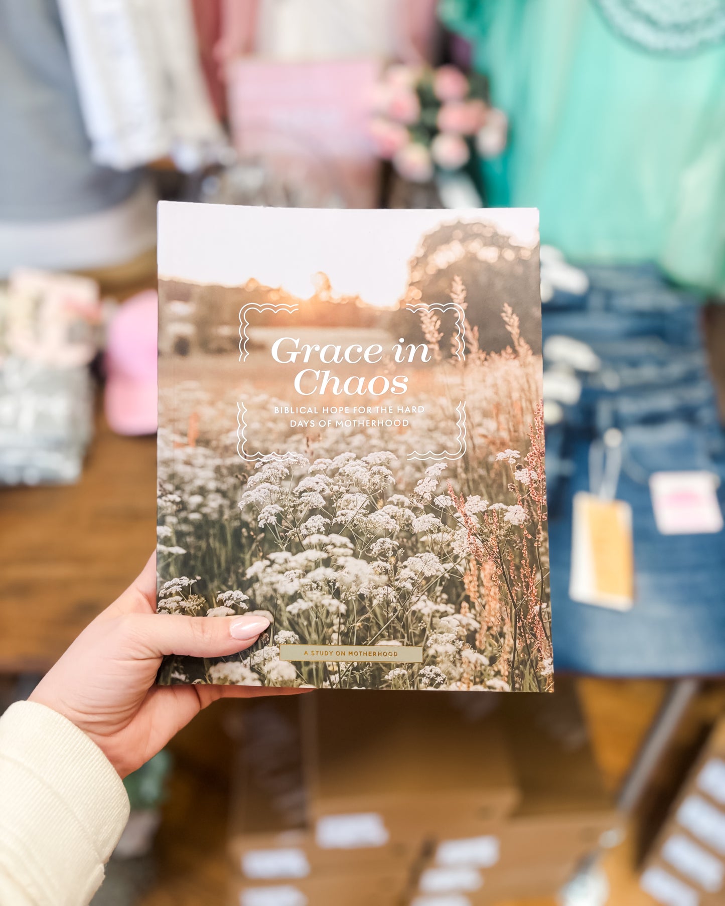 Paperback bible study guide on grace during motherhood