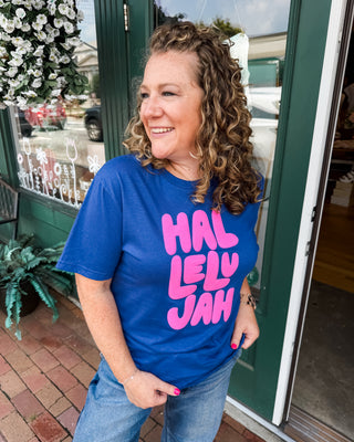hallelujah printed in pink puff ink on an indigo blue tee
