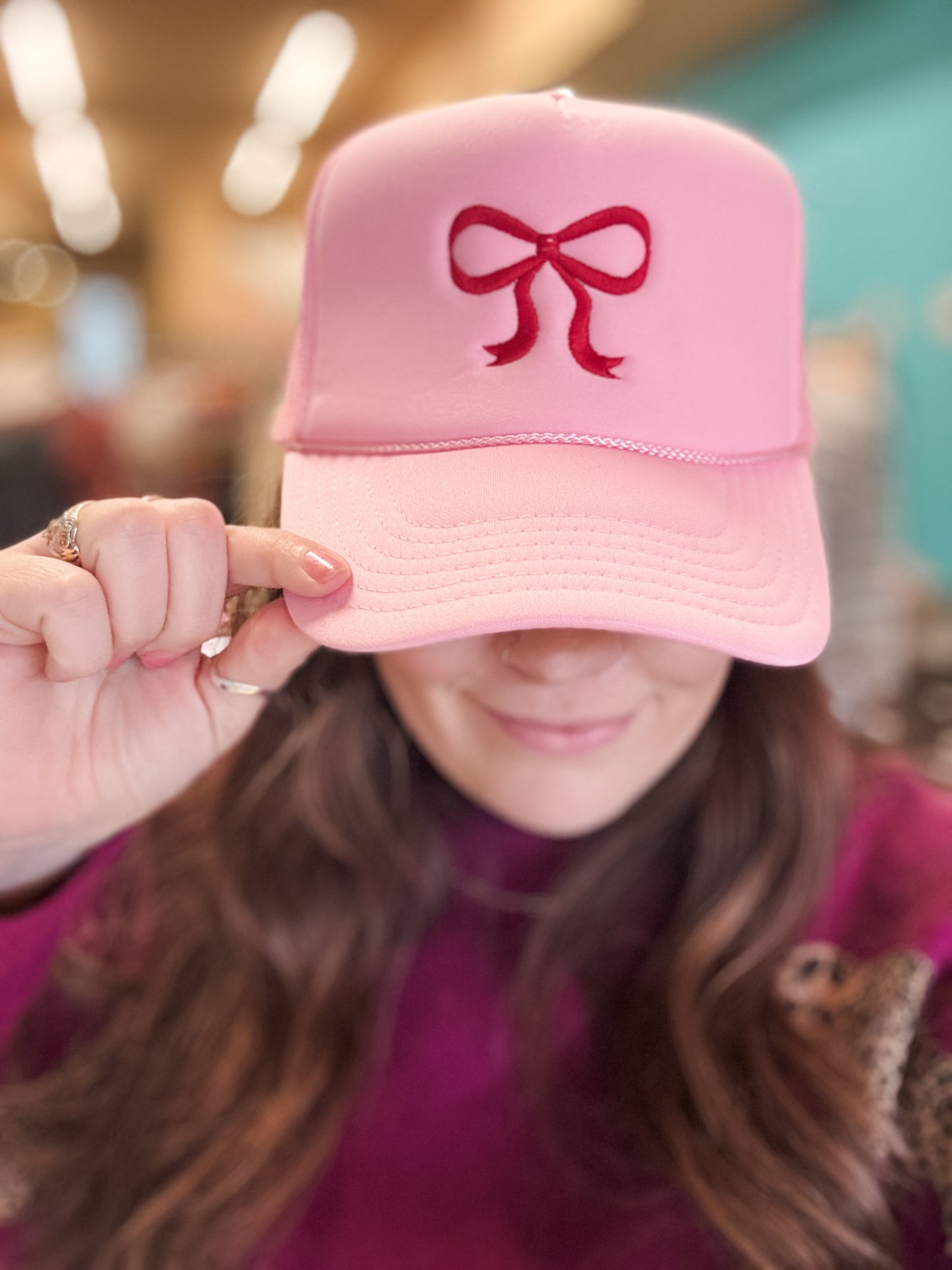 Pink Embroidered Bow Trucker Hat