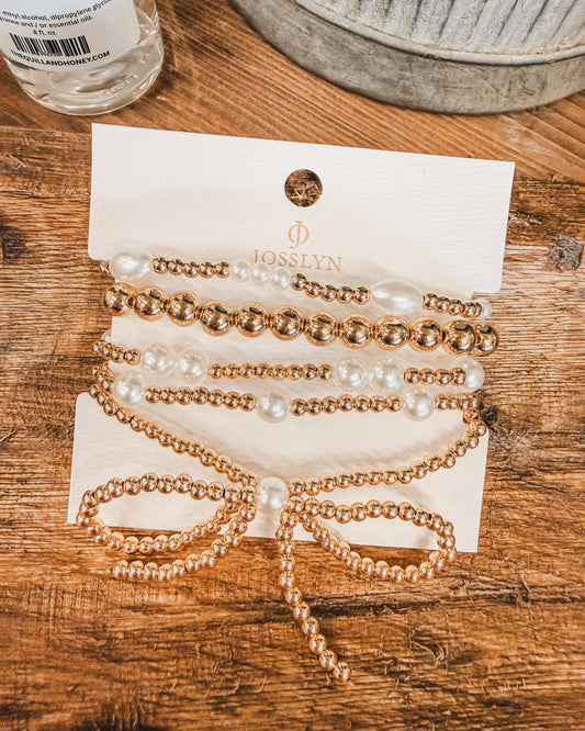 Pearl Bow Multi Layer Bracelet Set