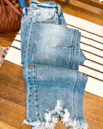 RISEN High Rise Crop Straight Distressed Hem Jeans