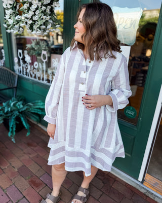 a long sleeve striped drop hem shift dress