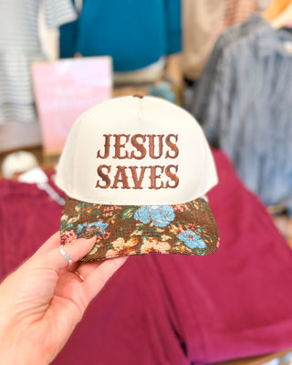 Jesus Saves Floral Tapestry Embroidered Canvas Hat