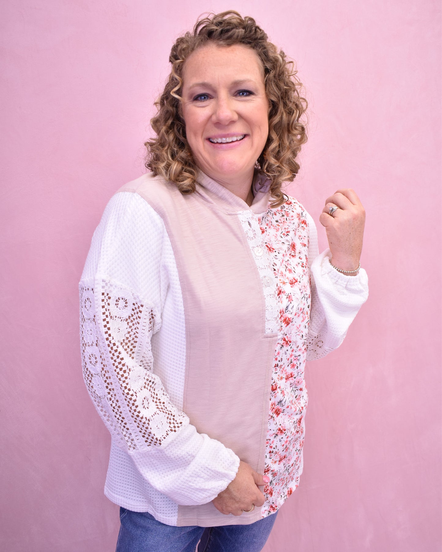 Kind Smile Mix Texture Patchwork Top