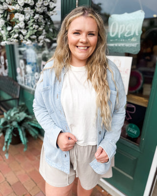 a lightweight chambray cotton summer shacket