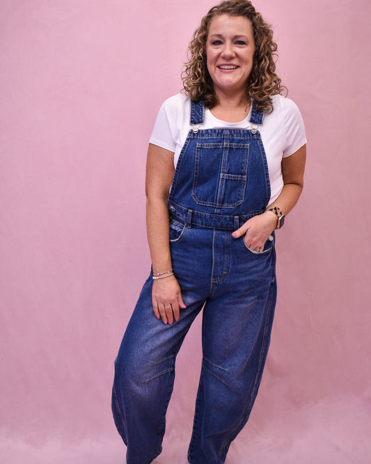 barrel leg denim overalls