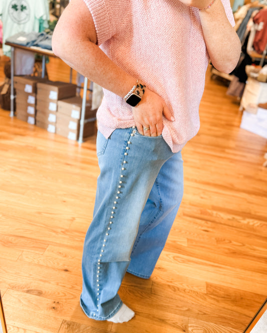 pearl embellished wide leg jeans