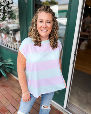 a short sleeve striped color block top in mint and pink
