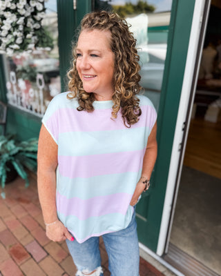 a short sleeve striped color block top in mint and pink