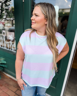 a short sleeve striped color block top in mint and pink