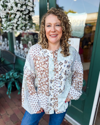 a long puff style sleeve patchwork fall floral button down top