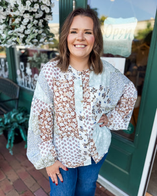 a long puff style sleeve patchwork fall floral button down top