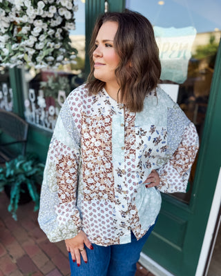 a long puff style sleeve patchwork fall floral button down top