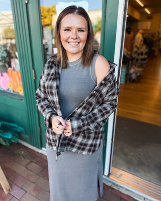 a long sleeve button down plaid layering  shirt in a chocolate brown plaid