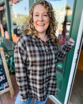 a long sleeve button down plaid layering  shirt in a chocolate brown plaid