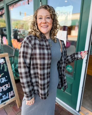 a long sleeve button down plaid layering  shirt in a chocolate brown plaid