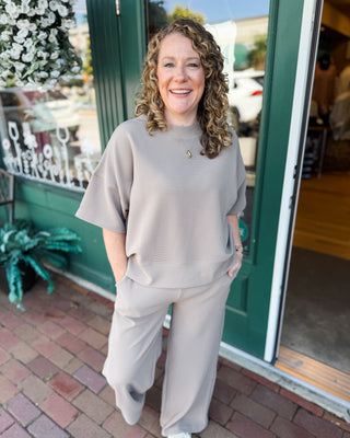 a ribbed short sleeve casual top and pants matching set