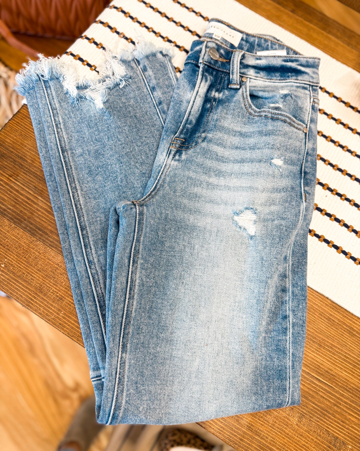 RISEN High Rise Crop Straight Distressed Hem Jeans