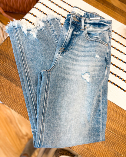RISEN High Rise Crop Straight Distressed Hem Jeans