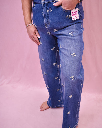 Floral embroidered jeans by risen denim.  Wide leg style, ankle length.