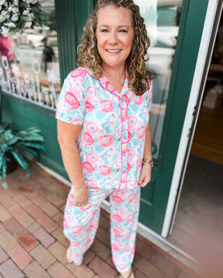 water color roses on a top and bottom pajama set with button up front