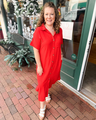 a casual red button down midi dress