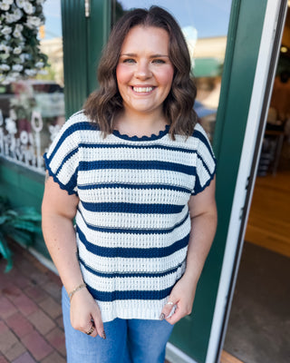 a short sleeve crochet navy striped sweater with scalloped details
