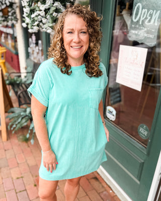 a short sleeve mineral washed pocket tshirt dress in mint