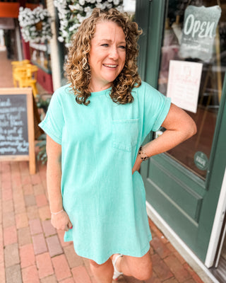 a short sleeve mineral washed pocket tshirt dress in mint