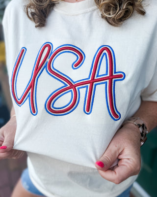 a 3d embroidered tee with embellished USA