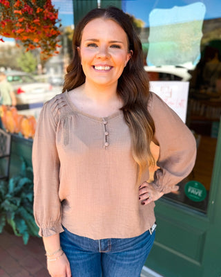 A Little Lovely Crochet Trim V-Neck 3/4 Sleeve Henley Top - The Southern Loft