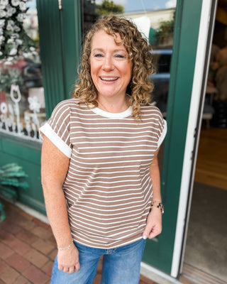 Autumn Stroll Contrast Trim Stripe Tee - The Southern Loft